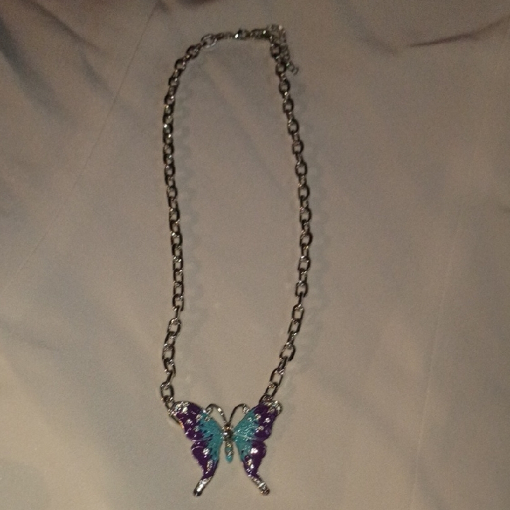 Silver-Tone Butterfly Pendant Necklace in Purple and Teal